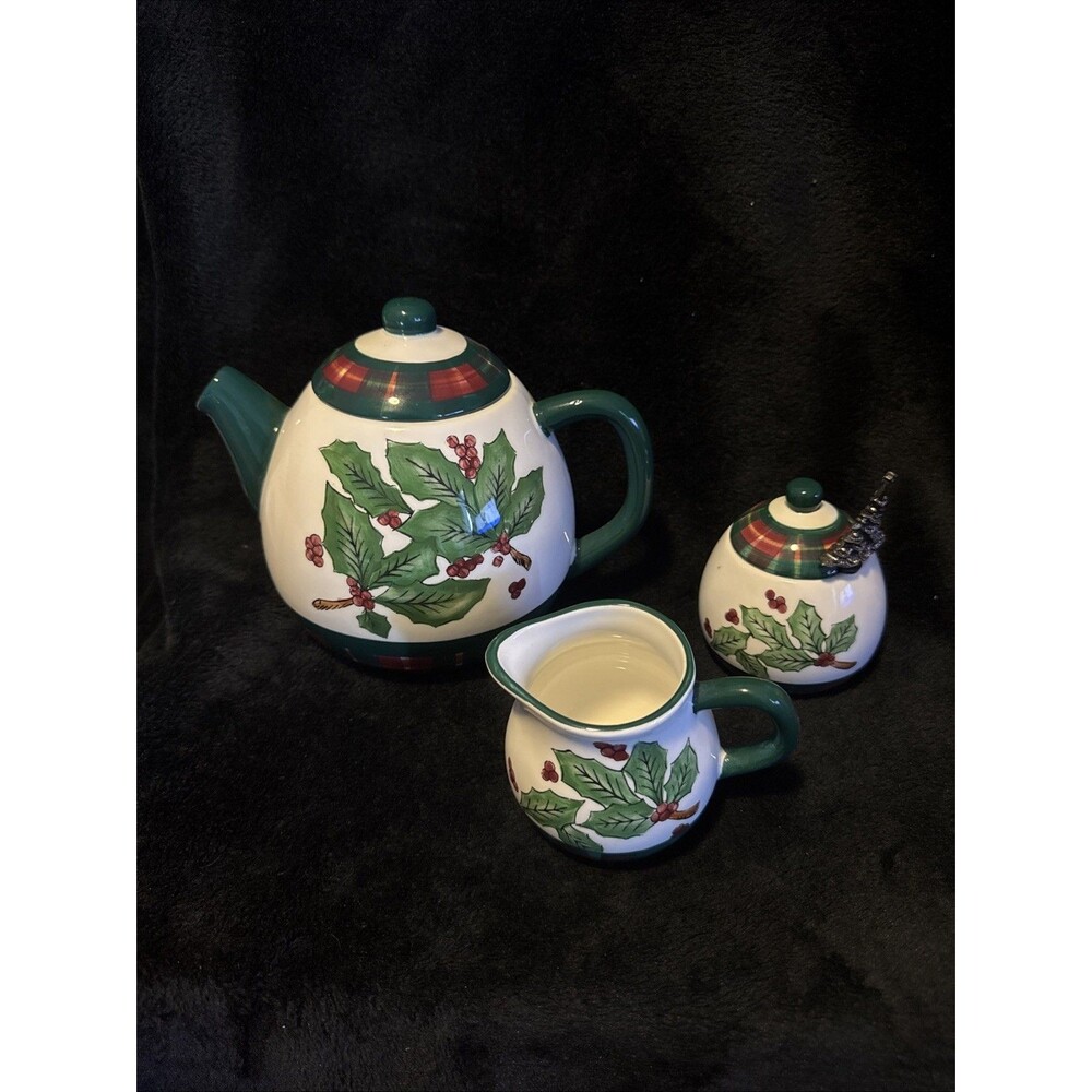 Pacific Rim 1997 Holly Berry Stoneware Red Plaid Teapot Creamer & Sugar Jar Set